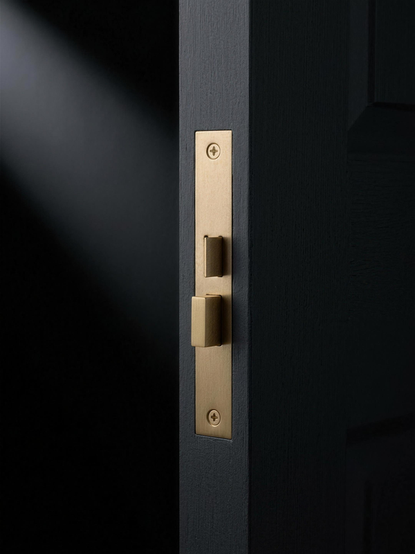 Cast Bathroom Lock in Cast Brass, installed in a charcoal door edge
