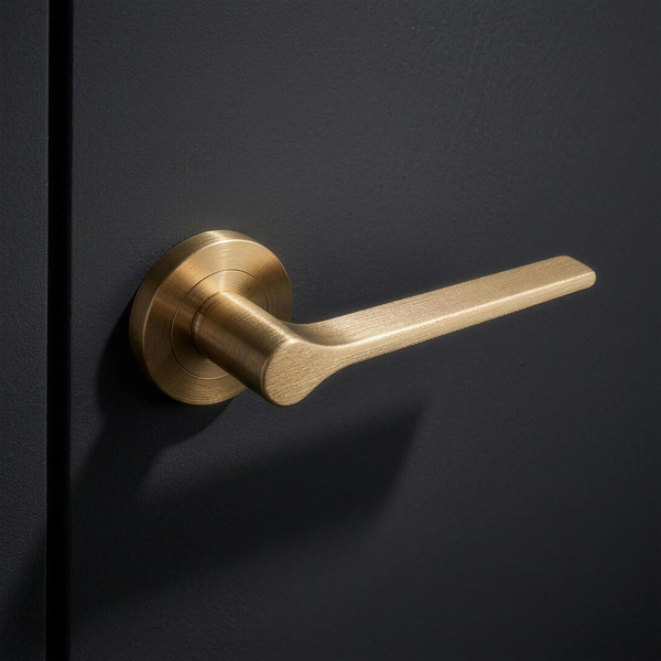 Filo Lever in Cast Brass, installed on a charcoal door