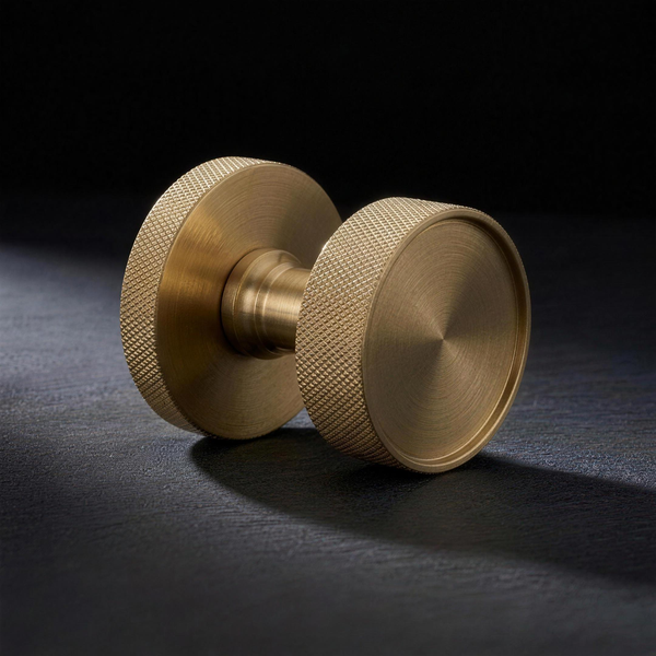 Asta Knob in Cast Brass, knurled drum knob on a knurled concealed rose