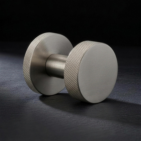Asta Knob Tapered in Cast Nickel, knurled drum knob with a plain flat face on a knurled concealed rose