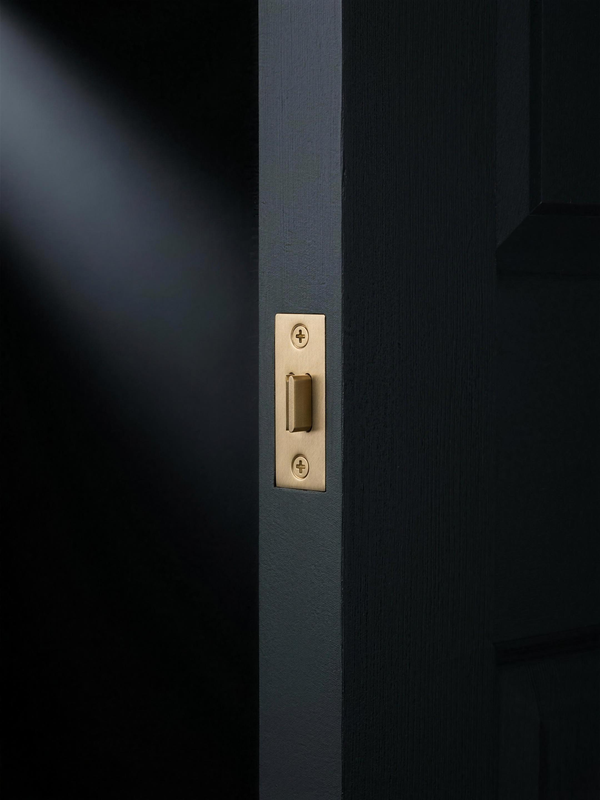 Cast Latch in Cast Brass, installed in a charcoal door edge