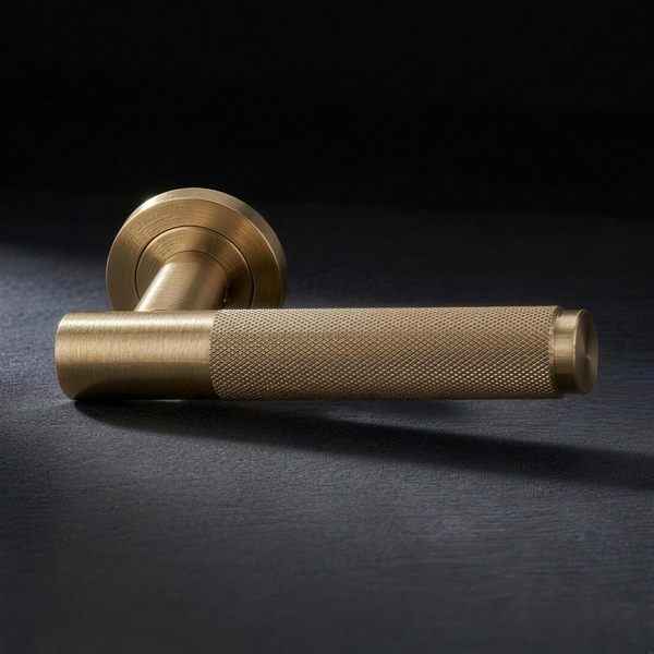 Asta Lever in Cast Brass, knurled bar lever on a round rose