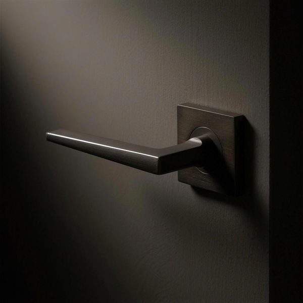 Filo Lever Square on a door in Cast Bronze