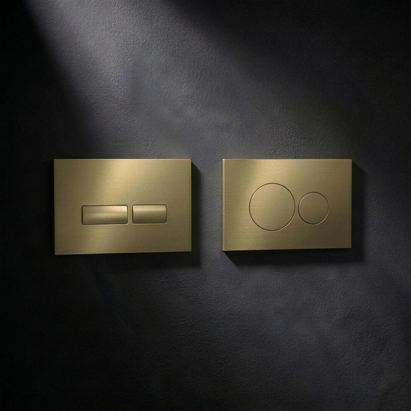 Cast London toilets — concealed cistern flush plates in Cast Brass, square and round buttons