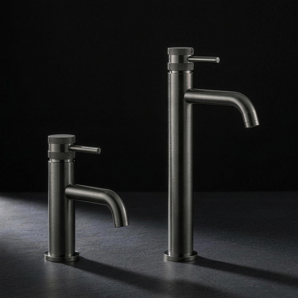 Fonte Basin Mixer in Cast Gunmetal — Short and Tall shown together