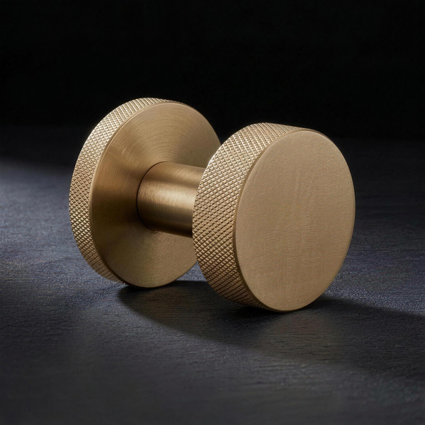 Asta Knob Tapered in Cast Brass, knurled drum knob with a plain flat face on a knurled concealed rose