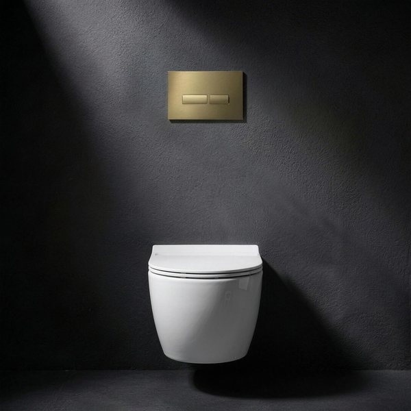 Cast Wall-Hung Toilet beneath a Cast Brass flush plate on a charcoal slate wall