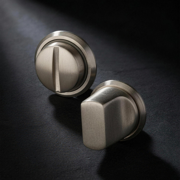 Velo Turn set in Cast Nickel — thumb turn and coin release on honed charcoal